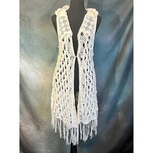 Free People‎ Cream Crochet Hooded Long Fringe Vest Cardigan Sweater Size Small